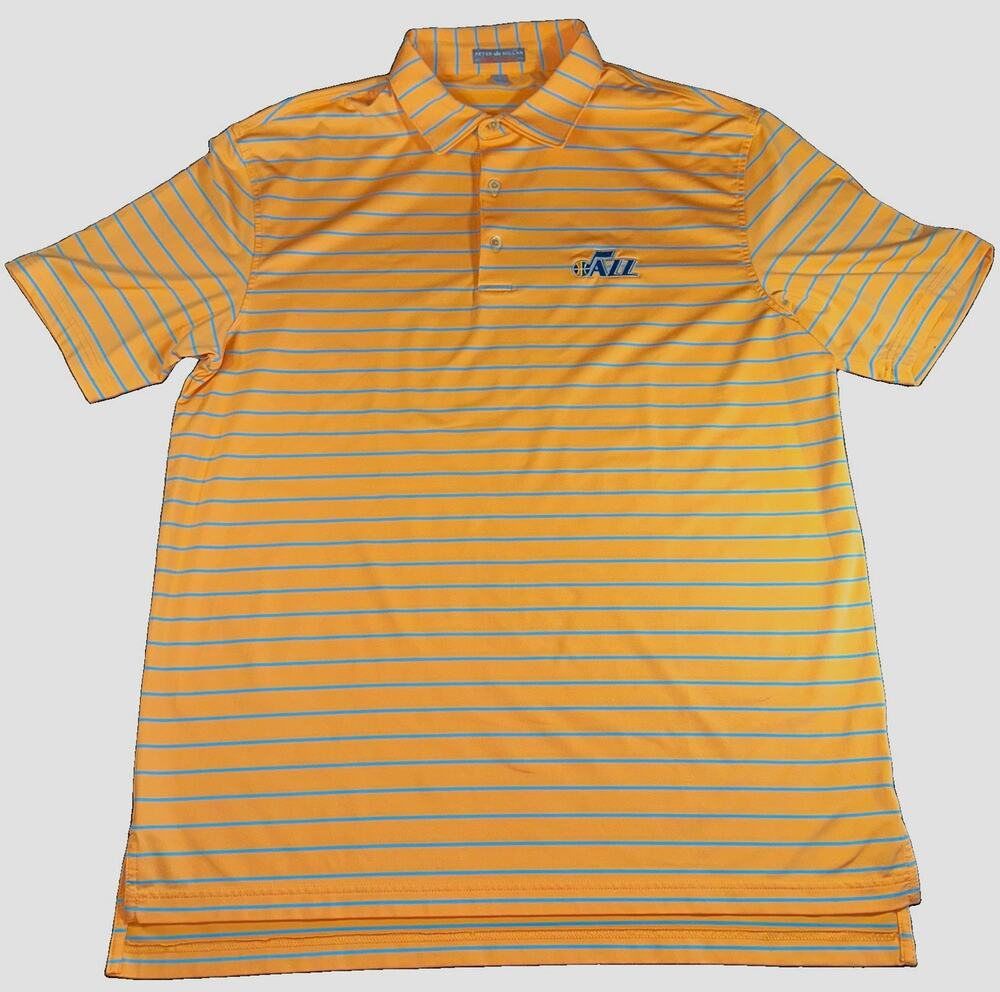 Peter Millar Men Large Golf Polo Shirt Orange Blue Striped Utah Jazz NBA Summer